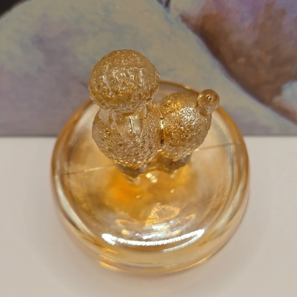 Vintage Lustre Marigold Carnival Glass Jeannette French Poodle Trinket Box Dish